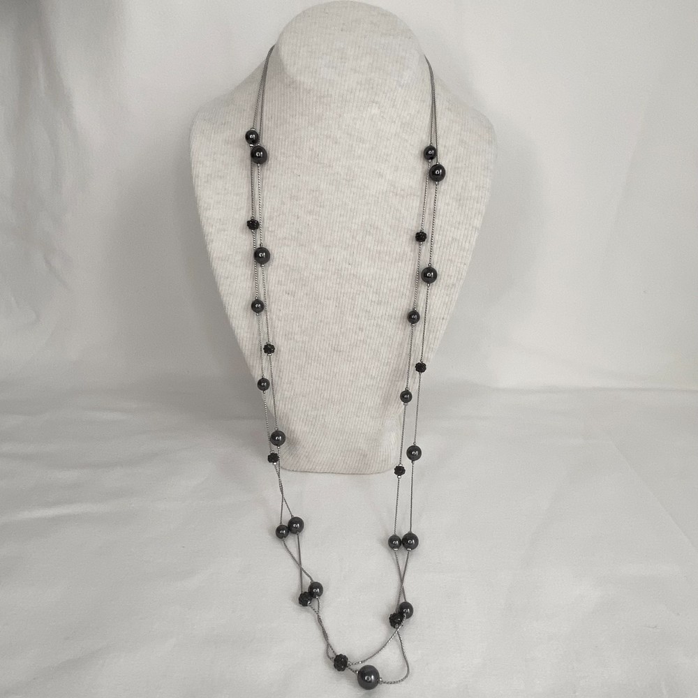 💎RMN Opera Station Double Strand Necklace Black Beads Silver Tone Chain Links